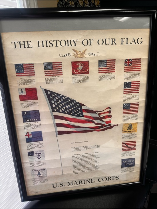 U.S. Marine Corps Other - Original Vintage 1973 USMC the History of our Flag Poster-framed auth GPO